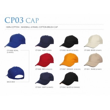 CP03 series 6 Panel Cotton Brush Cap with Colored Sandwich Trim